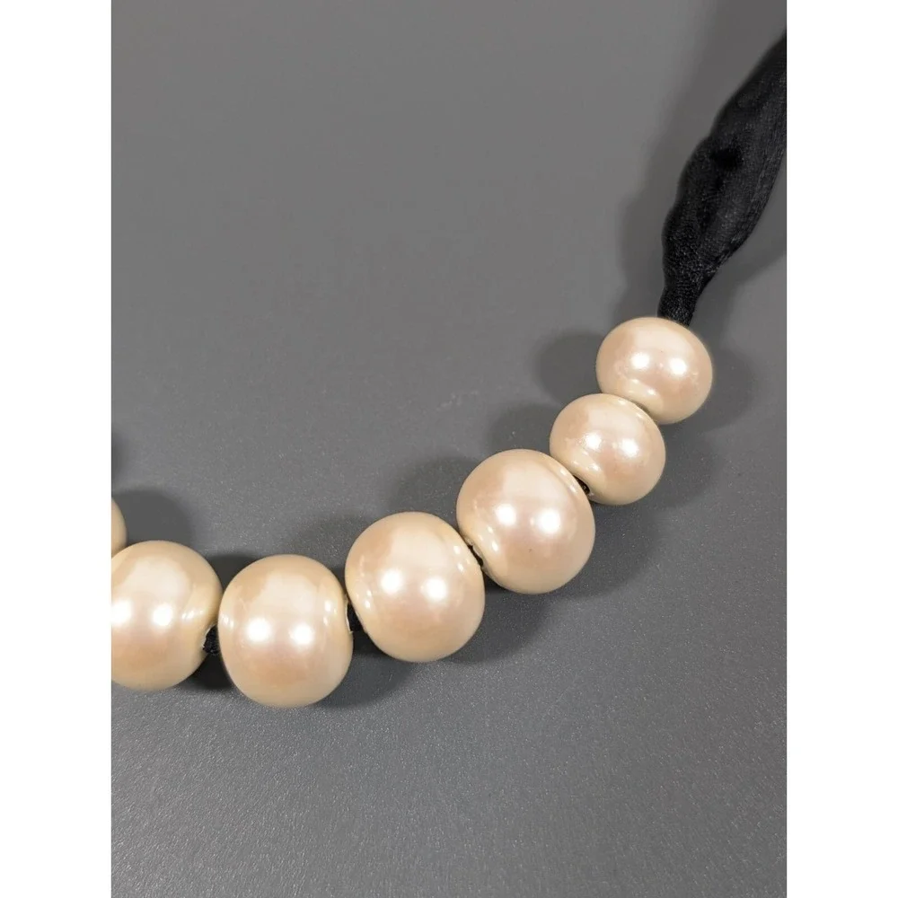 Retro Black Ribbon Choker Necklace Faux Pearl Charms 17‎ in